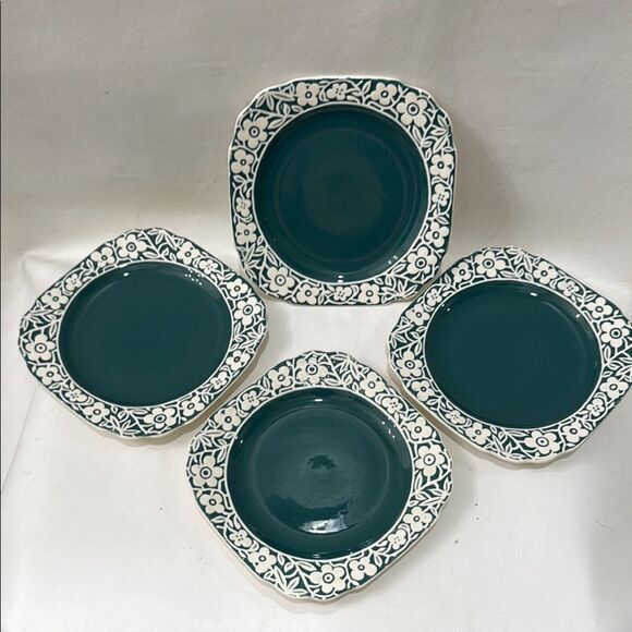 Harker Pottery Teal Green White Dinnerware Set Elegant Dining 6 1/2 Inch Set 4 - Picture 2 of 5